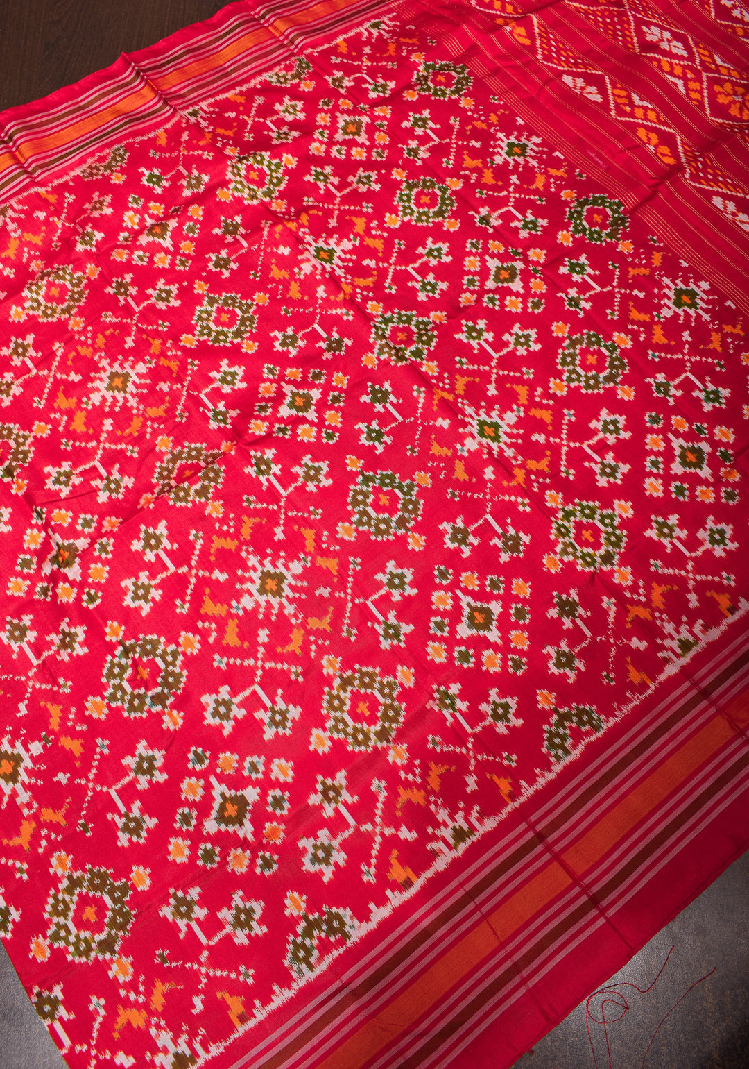 Dupatta : Red Ikkat Patola Design Pure Silk Dupatta with handmade tassels I SILK MARK CERTIFIED