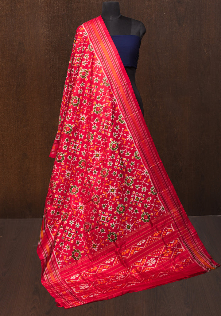 Dupatta : Red Ikkat Patola Design Pure Silk Dupatta with handmade tassels I SILK MARK CERTIFIED