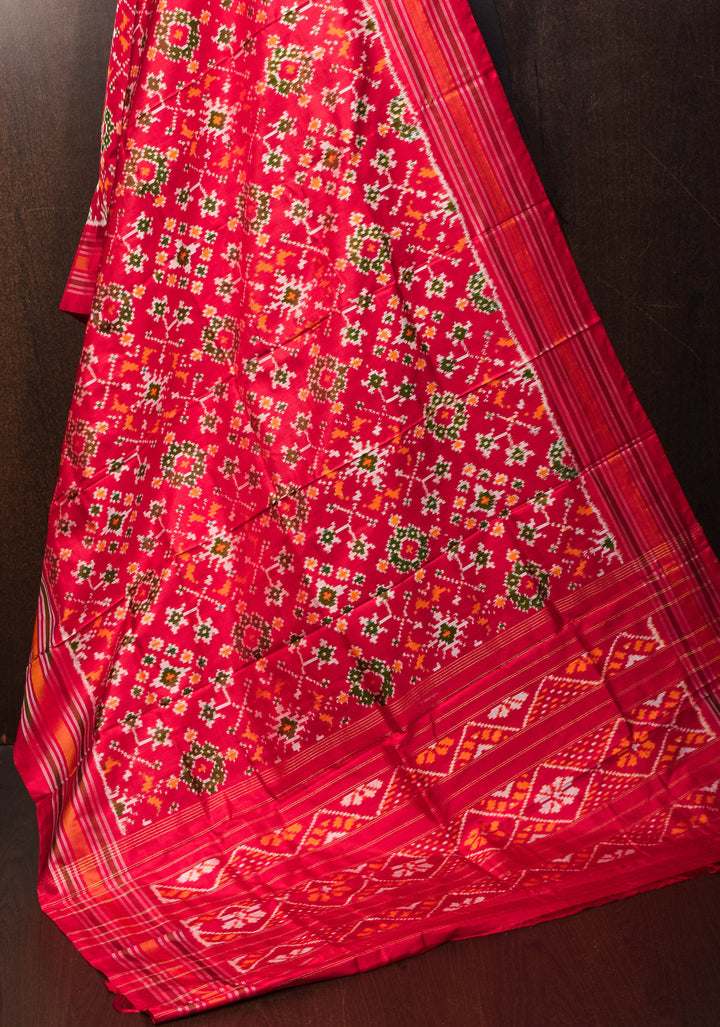 Dupatta : Red Ikkat Patola Design Pure Silk Dupatta with handmade tassels I SILK MARK CERTIFIED