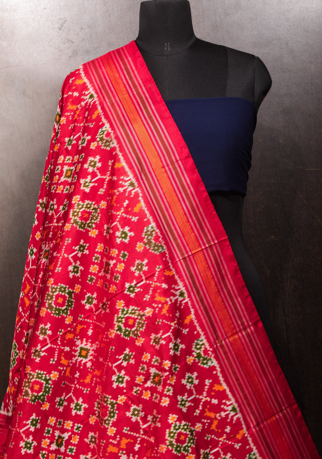 Dupatta : Red Ikkat Patola Design Pure Silk Dupatta with handmade tassels I SILK MARK CERTIFIED