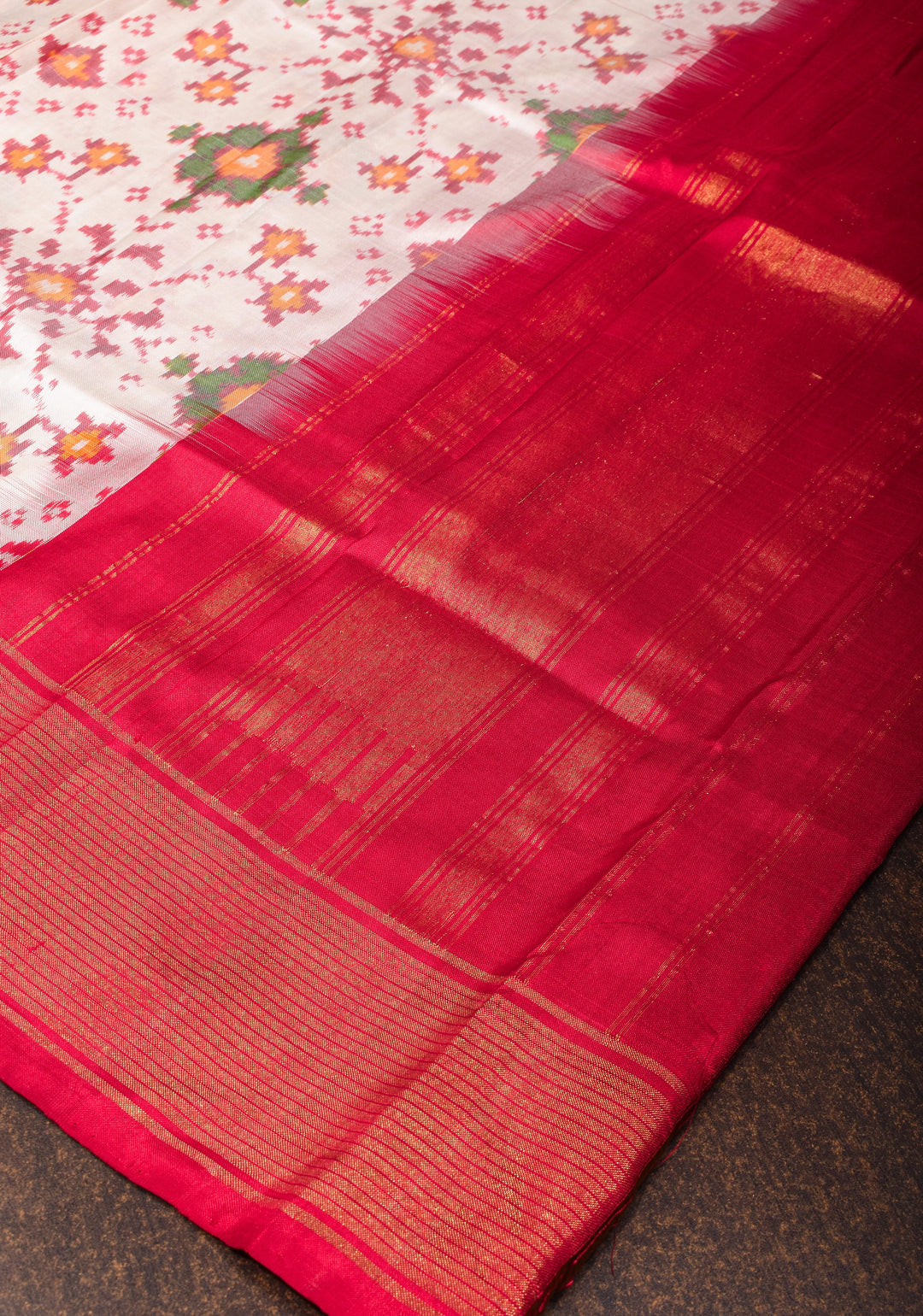 Dupatta : White and Red Ikkat Patola Design Pure Silk Dupatta with handmade tassels I SILK MARK CERTIFIED