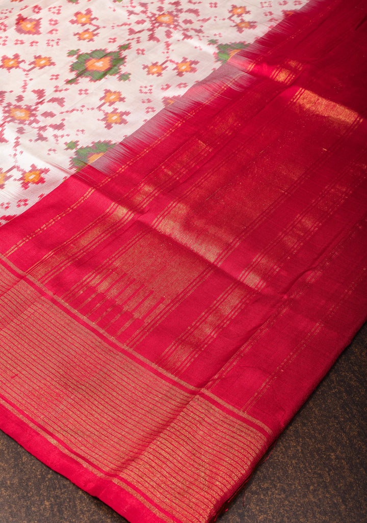 Dupatta : White and Red Ikkat Patola Design Pure Silk Dupatta with handmade tassels I SILK MARK CERTIFIED