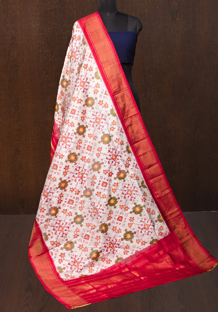 Dupatta : White and Red Ikkat Patola Design Pure Silk Dupatta with handmade tassels I SILK MARK CERTIFIED