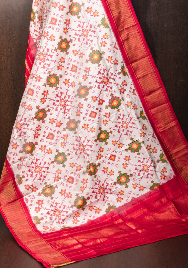 Dupatta : White and Red Ikkat Patola Design Pure Silk Dupatta with handmade tassels I SILK MARK CERTIFIED