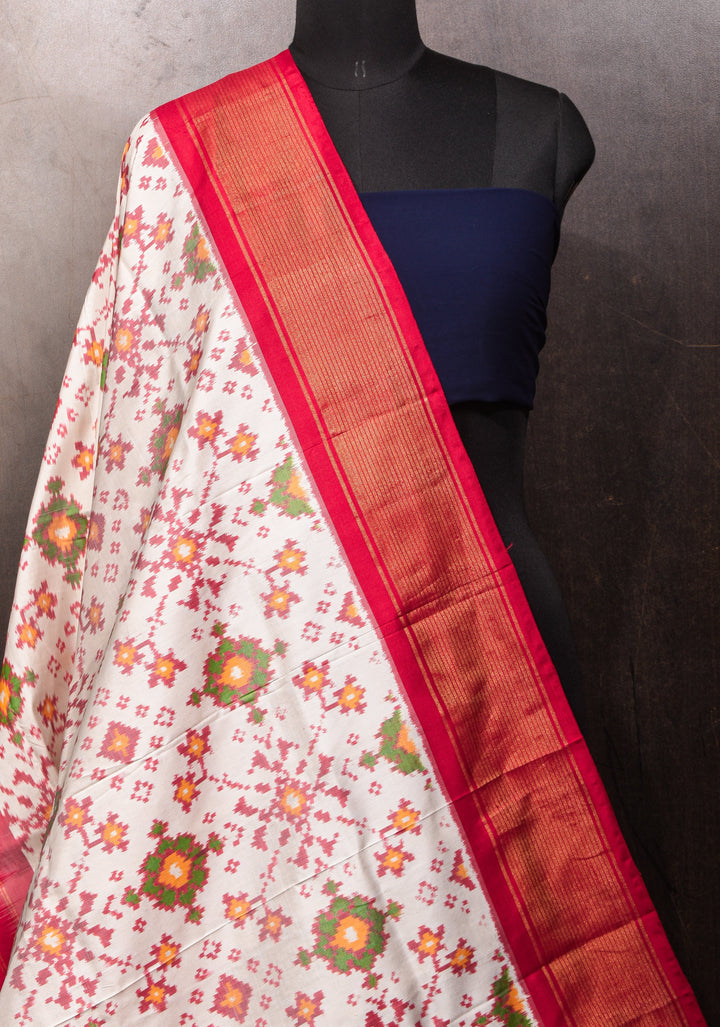 Dupatta : White and Red Ikkat Patola Design Pure Silk Dupatta with handmade tassels I SILK MARK CERTIFIED