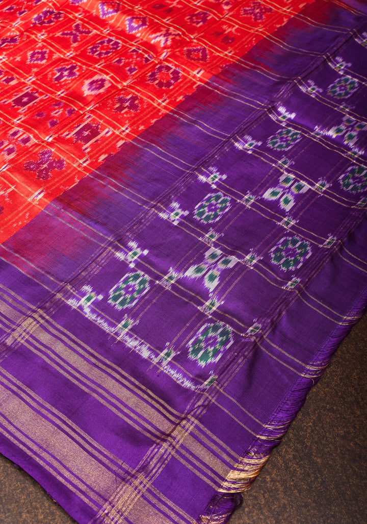Dupatta : Red and Voilet Ikkat Patola Design Pure Silk Dupatta with handmade tassels I SILK MARK CERTIFIED