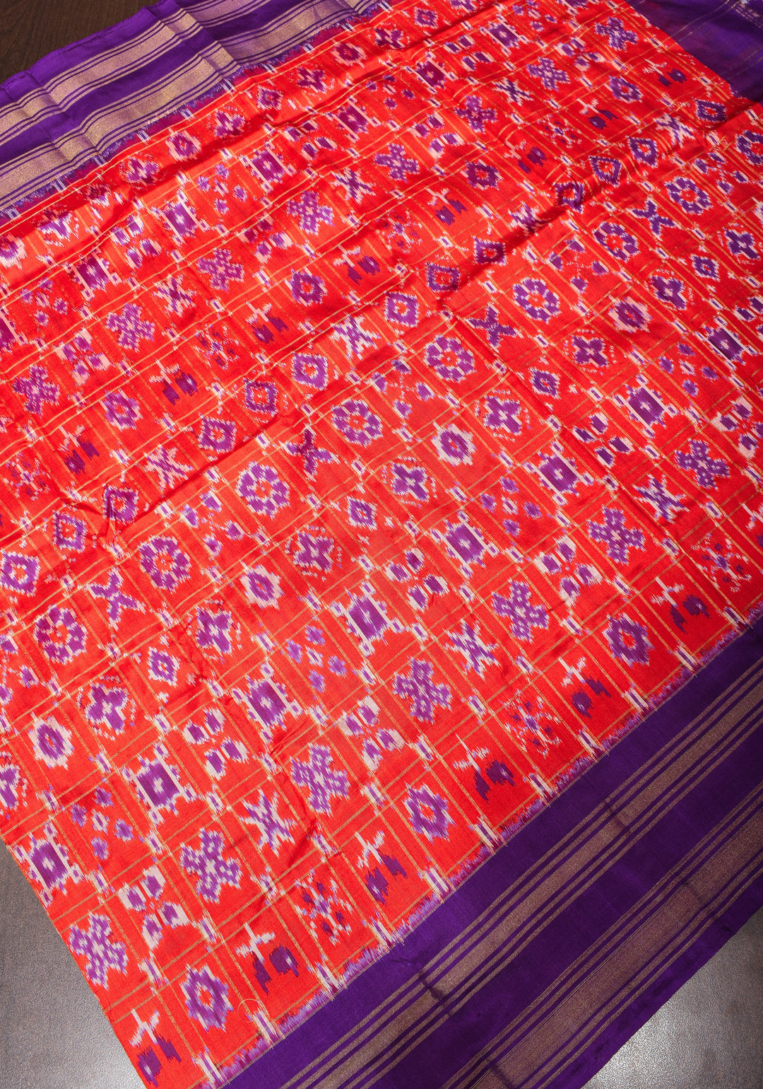 Dupatta : Red and Voilet Ikkat Patola Design Pure Silk Dupatta with handmade tassels I SILK MARK CERTIFIED