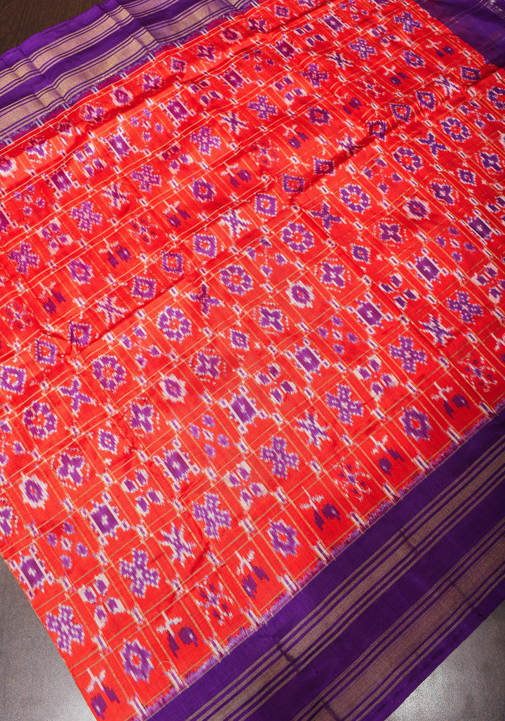 Dupatta : Red and Voilet Ikkat Patola Design Pure Silk Dupatta with handmade tassels I SILK MARK CERTIFIED