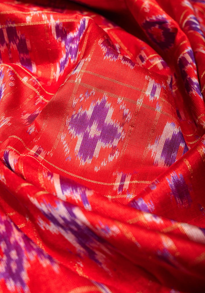 Dupatta : Red and Voilet Ikkat Patola Design Pure Silk Dupatta with handmade tassels I SILK MARK CERTIFIED