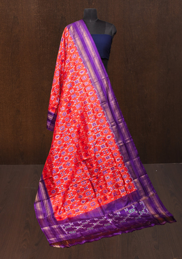 Dupatta : Red and Voilet Ikkat Patola Design Pure Silk Dupatta with handmade tassels I SILK MARK CERTIFIED