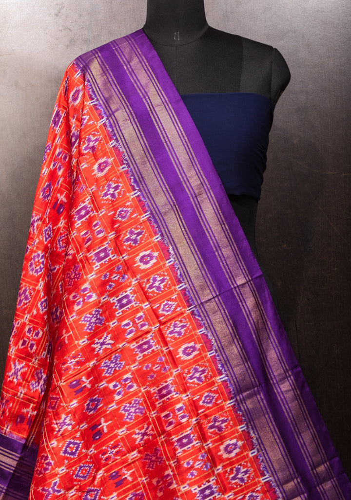 Dupatta : Red and Voilet Ikkat Patola Design Pure Silk Dupatta with handmade tassels I SILK MARK CERTIFIED