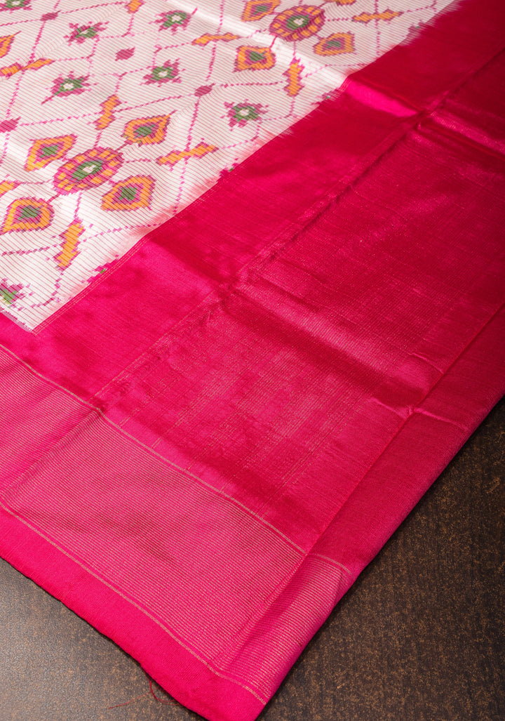 Dupatta : White and Pink Ikkat Patola Design Pure Silk Dupatta with handmade tassels I SILK MARK CERTIFIED