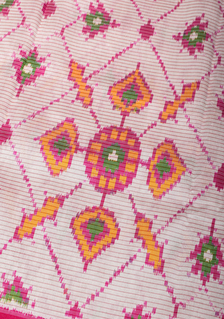 Dupatta : White and Pink Ikkat Patola Design Pure Silk Dupatta with handmade tassels I SILK MARK CERTIFIED
