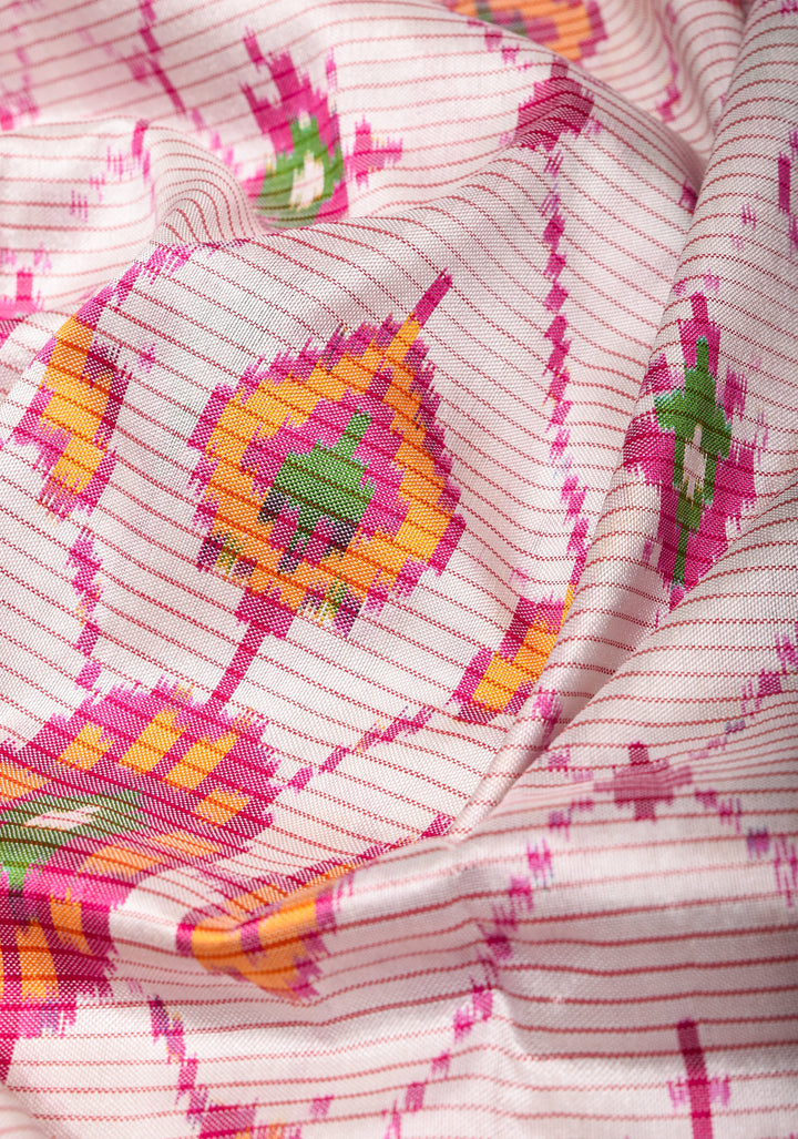 Dupatta : White and Pink Ikkat Patola Design Pure Silk Dupatta with handmade tassels I SILK MARK CERTIFIED