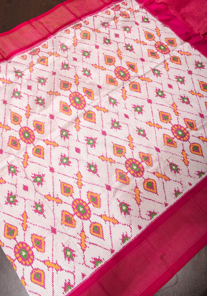 Dupatta : White and Pink Ikkat Patola Design Pure Silk Dupatta with handmade tassels I SILK MARK CERTIFIED
