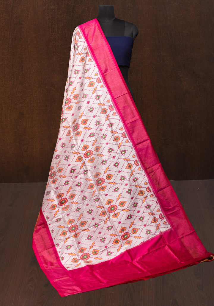 Dupatta : White and Pink Ikkat Patola Design Pure Silk Dupatta with handmade tassels I SILK MARK CERTIFIED