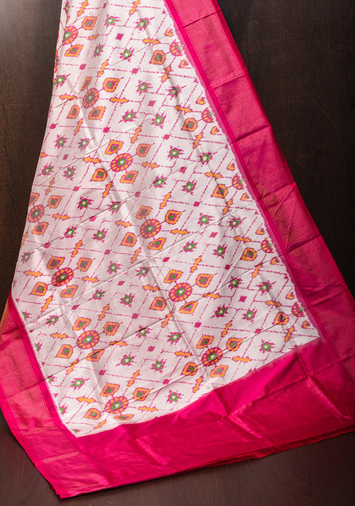 Dupatta : White and Pink Ikkat Patola Design Pure Silk Dupatta with handmade tassels I SILK MARK CERTIFIED