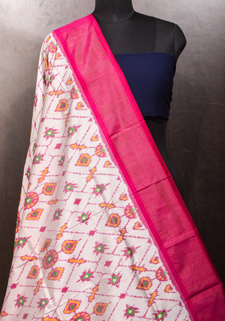 Dupatta : White and Pink Ikkat Patola Design Pure Silk Dupatta with handmade tassels I SILK MARK CERTIFIED