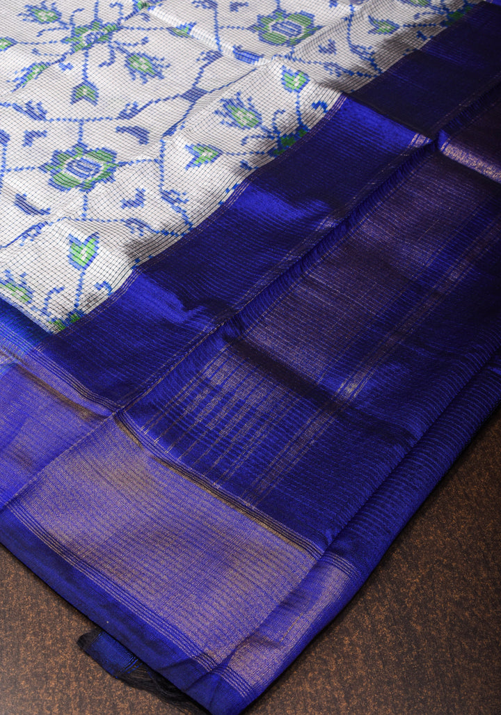 Dupatta : White and Blue Ikkat checks pattern pure silk Dupatta with handmade tassels I SILK MARK CERTIFIED