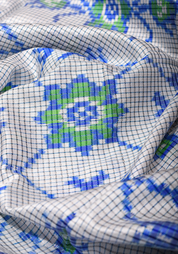 Dupatta : White and Blue Ikkat checks pattern pure silk Dupatta with handmade tassels I SILK MARK CERTIFIED