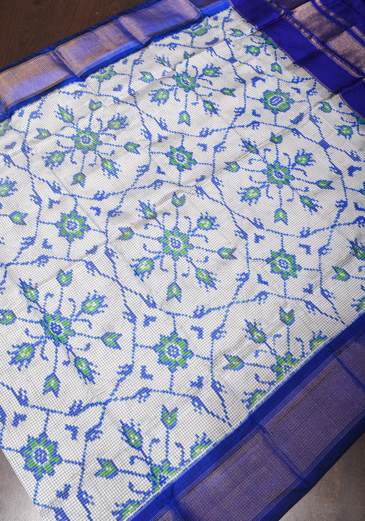 Dupatta : White and Blue Ikkat checks pattern pure silk Dupatta with handmade tassels I SILK MARK CERTIFIED
