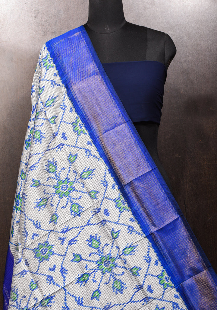 Dupatta : White and Blue Ikkat checks pattern pure silk Dupatta with handmade tassels I SILK MARK CERTIFIED