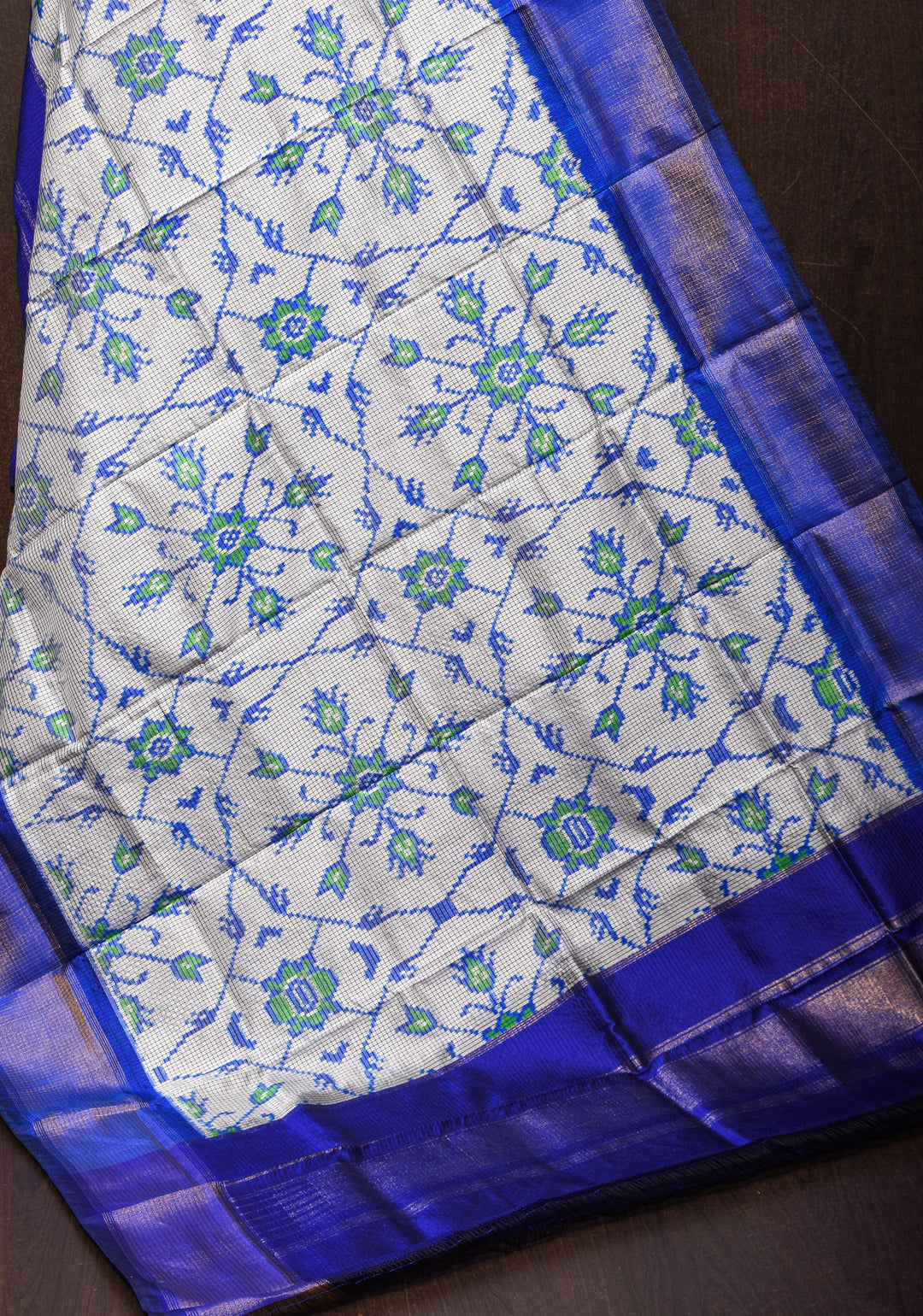 Dupatta : White and Blue Ikkat checks pattern pure silk Dupatta with handmade tassels I SILK MARK CERTIFIED