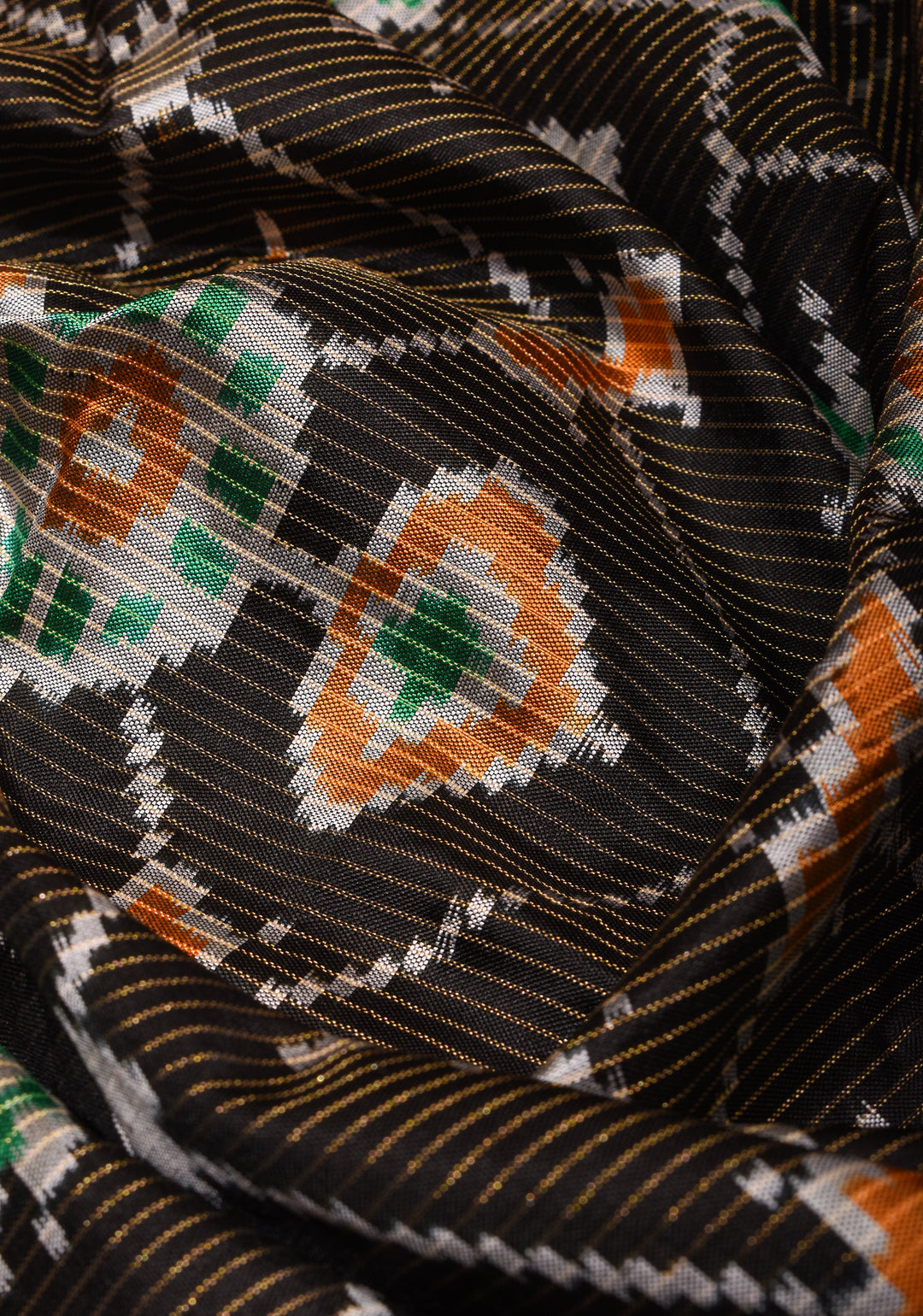Dupatta : Black and Orange Ikkat Patola Design Pure Silk Dupatta with handmade tassels I SILK MARK CERTIFIED
