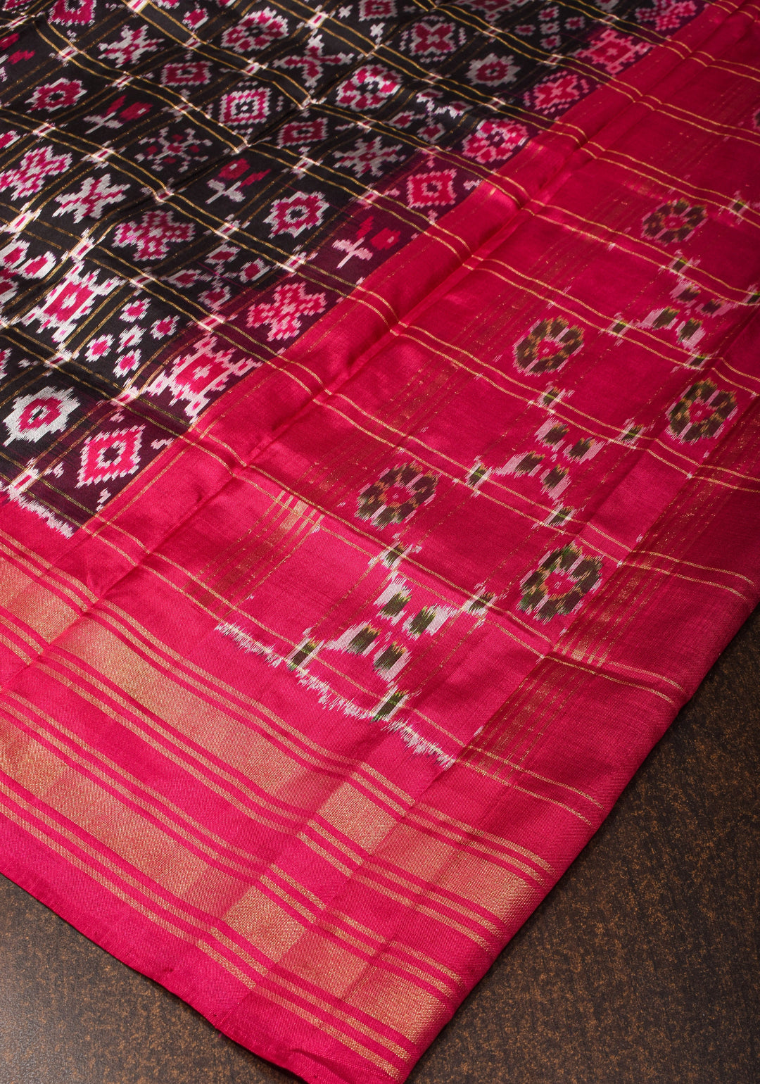 Dupatta : Black   and Pink Ikkat Patola Design Pure Silk Dupatta with handmade tassels I SILK MARK CERTIFIED