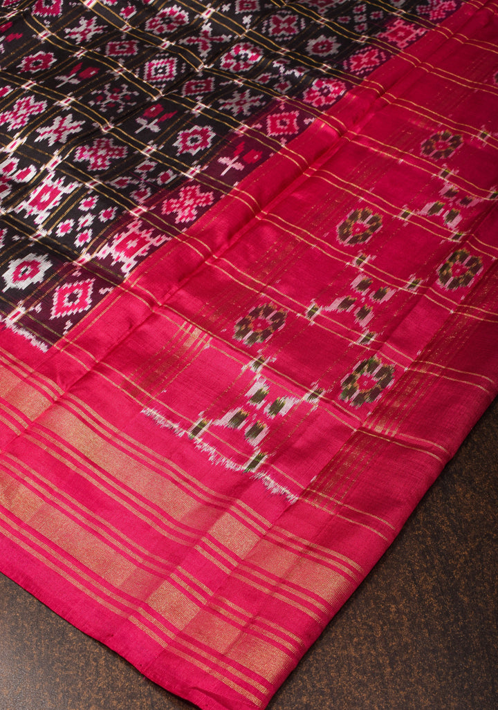 Dupatta : Black   and Pink Ikkat Patola Design Pure Silk Dupatta with handmade tassels I SILK MARK CERTIFIED