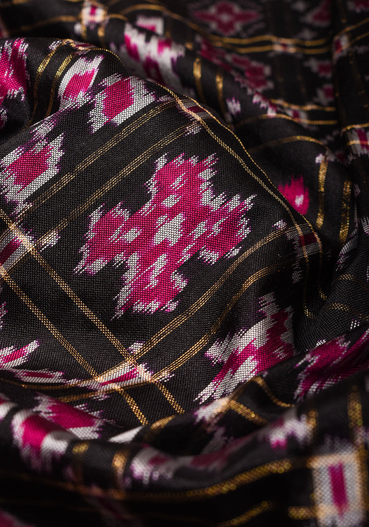 Dupatta : Black   and Pink Ikkat Patola Design Pure Silk Dupatta with handmade tassels I SILK MARK CERTIFIED
