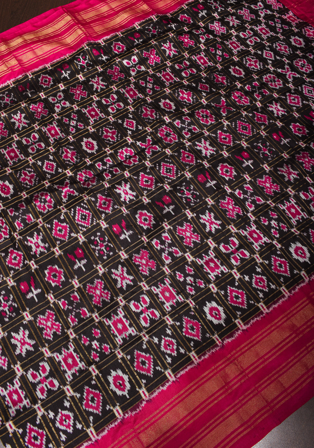 Dupatta : Black   and Pink Ikkat Patola Design Pure Silk Dupatta with handmade tassels I SILK MARK CERTIFIED
