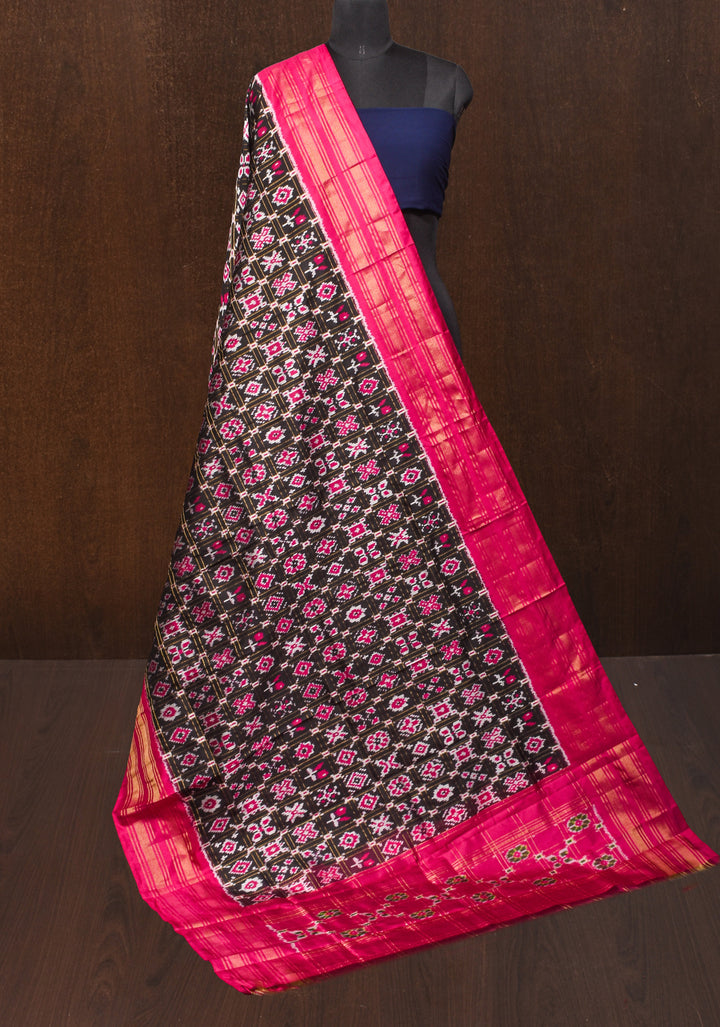 Dupatta : Black   and Pink Ikkat Patola Design Pure Silk Dupatta with handmade tassels I SILK MARK CERTIFIED