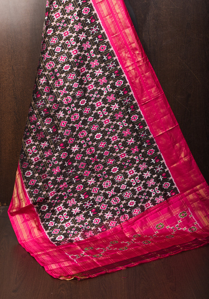 Dupatta : Black   and Pink Ikkat Patola Design Pure Silk Dupatta with handmade tassels I SILK MARK CERTIFIED