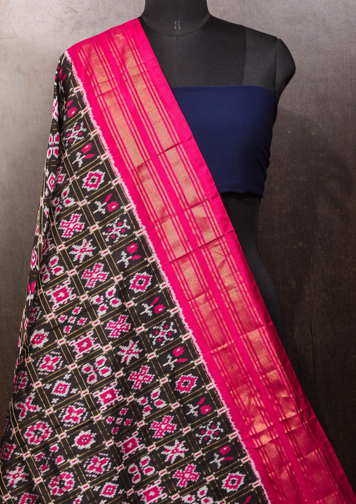 Dupatta : Black   and Pink Ikkat Patola Design Pure Silk Dupatta with handmade tassels I SILK MARK CERTIFIED