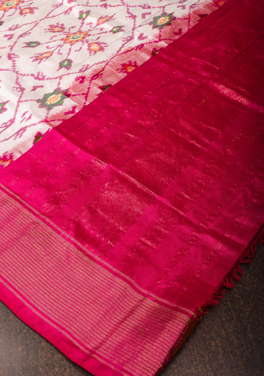 Dupatta : White and Pink Ikkat Patola Design Pure Silk Dupatta with handmade tassels I SILK MARK CERTIFIED