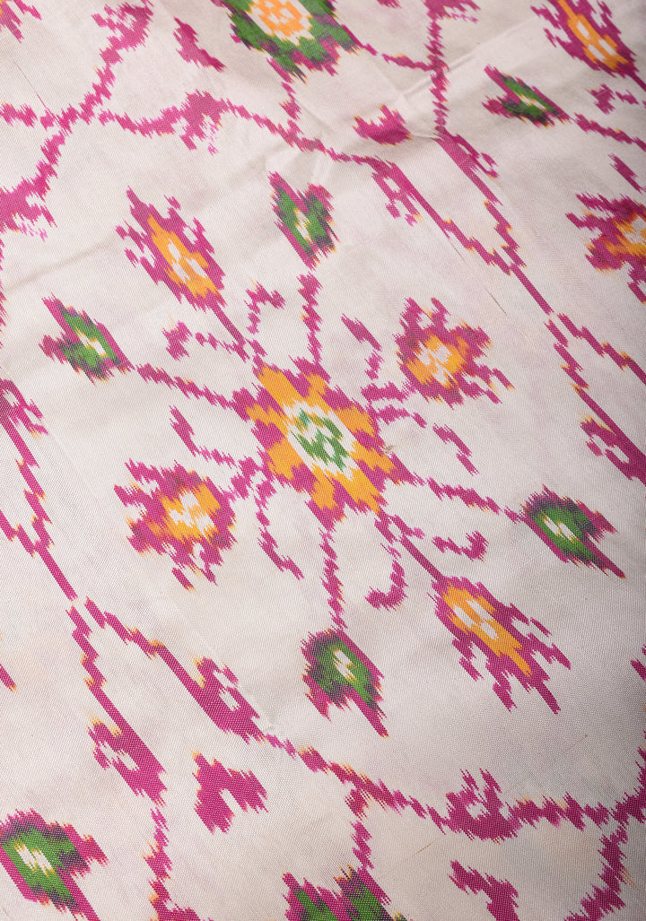 Dupatta : White and Pink Ikkat Patola Design Pure Silk Dupatta with handmade tassels I SILK MARK CERTIFIED