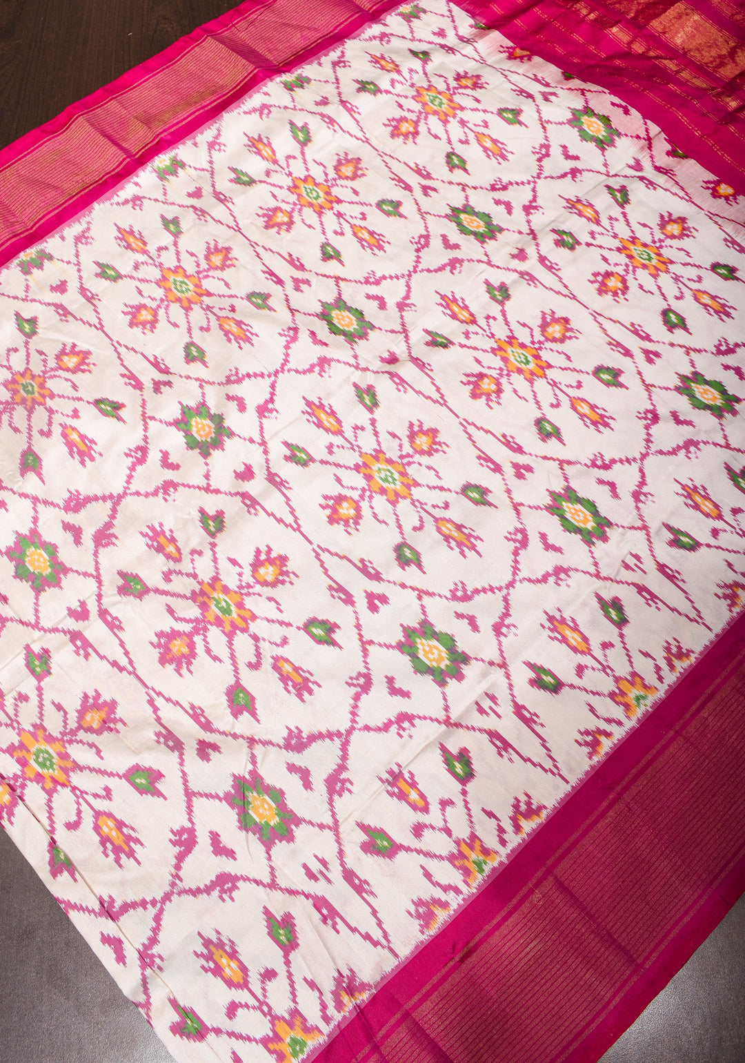 Dupatta : White and Pink Ikkat Patola Design Pure Silk Dupatta with handmade tassels I SILK MARK CERTIFIED