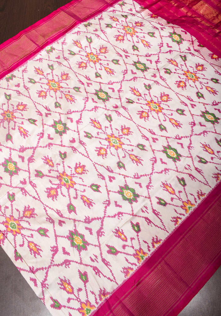 Dupatta : White and Pink Ikkat Patola Design Pure Silk Dupatta with handmade tassels I SILK MARK CERTIFIED