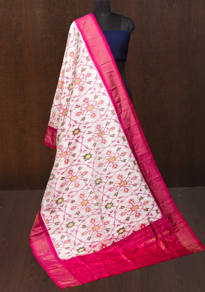 Dupatta : White and Pink Ikkat Patola Design Pure Silk Dupatta with handmade tassels I SILK MARK CERTIFIED