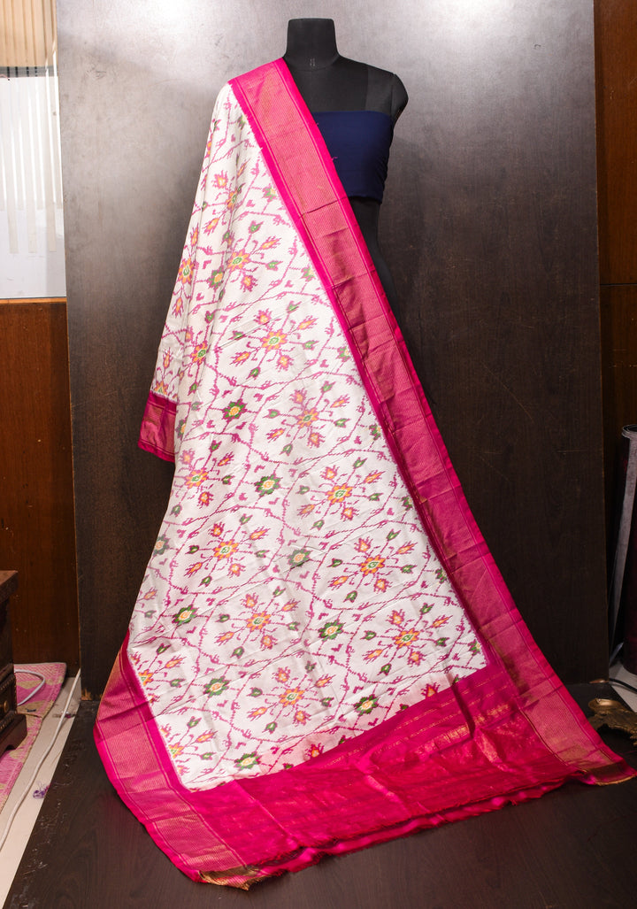 Dupatta : White and Pink Ikkat Patola Design Pure Silk Dupatta with handmade tassels I SILK MARK CERTIFIED