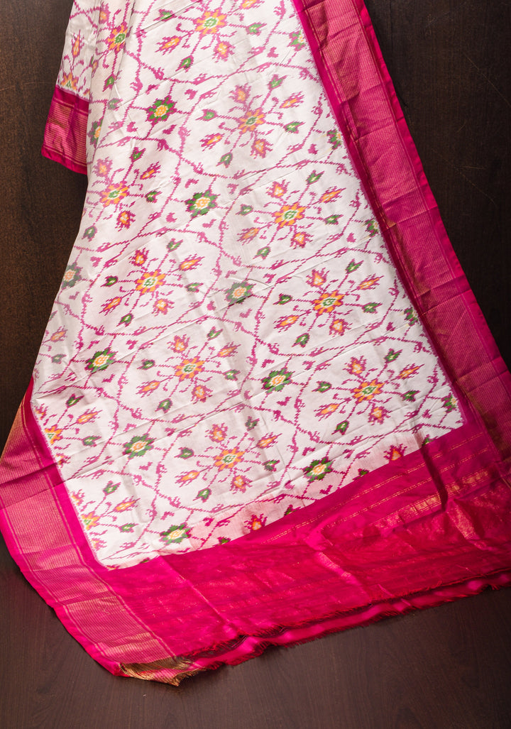 Dupatta : White and Pink Ikkat Patola Design Pure Silk Dupatta with handmade tassels I SILK MARK CERTIFIED