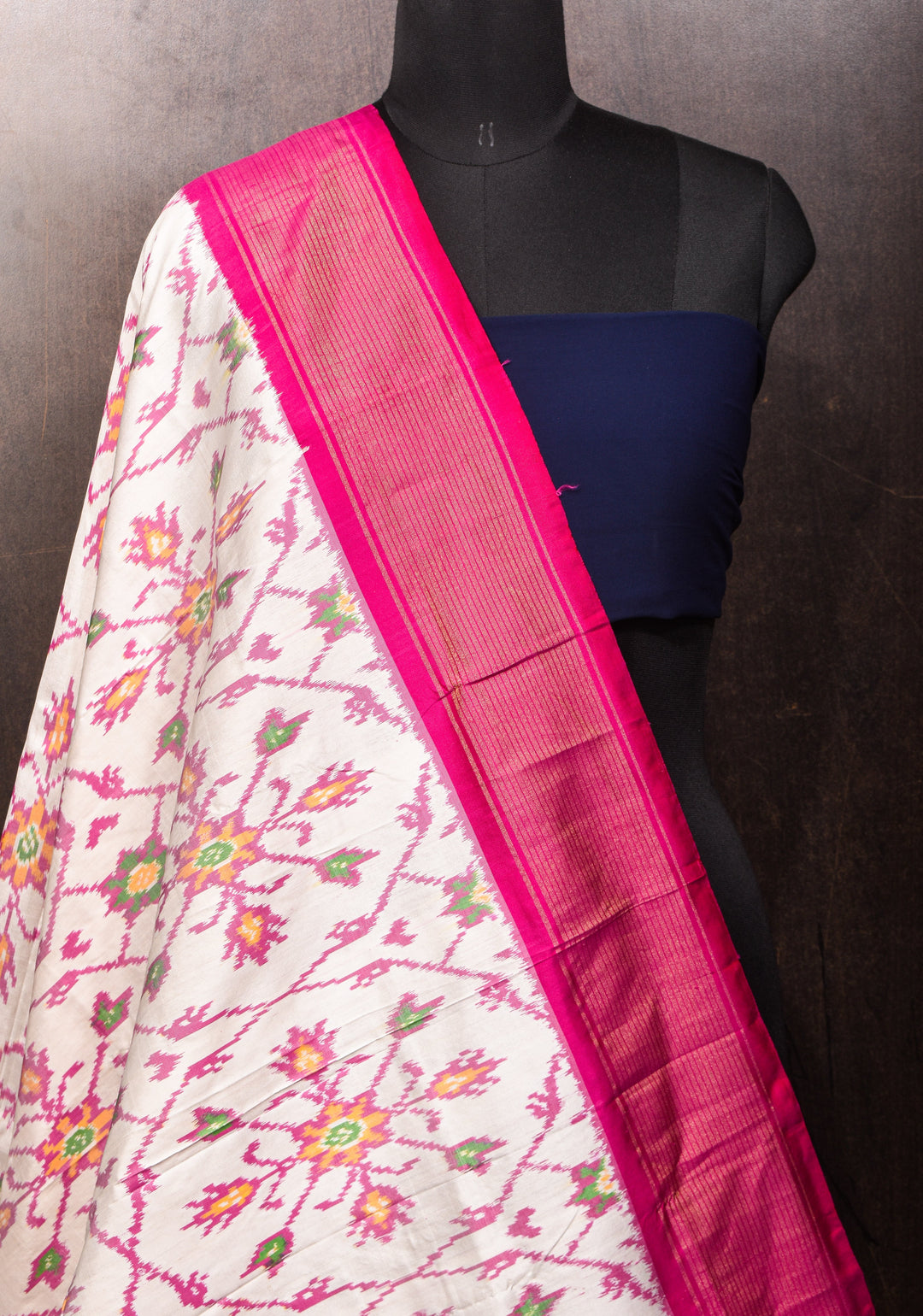 Dupatta : White and Pink Ikkat Patola Design Pure Silk Dupatta with handmade tassels I SILK MARK CERTIFIED