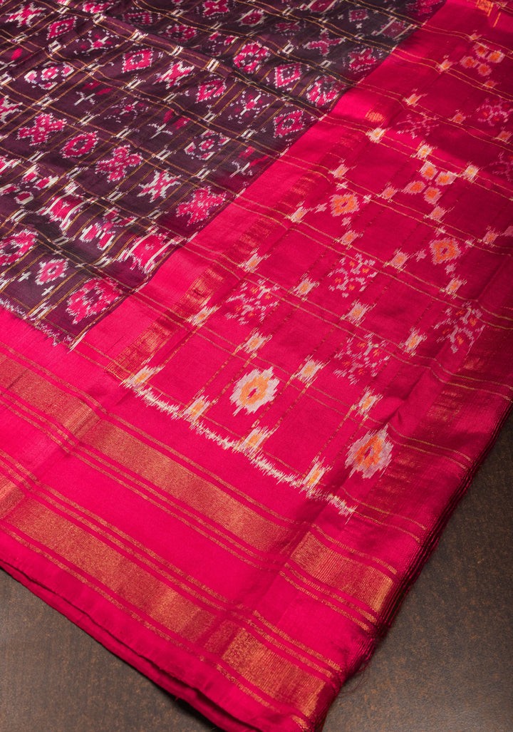 Dupatta : Purple and Pink Ikkat Patola Design Pure Silk Dupatta with handmade tassels | SILK MARK CERTIFIED