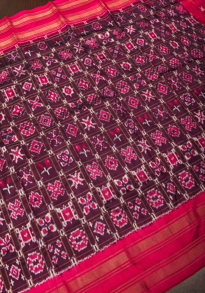 Dupatta : Purple and Pink Ikkat Patola Design Pure Silk Dupatta with handmade tassels | SILK MARK CERTIFIED