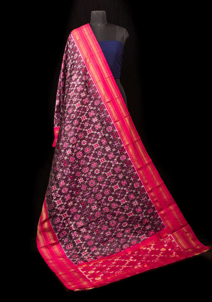 Dupatta : Purple and Pink Ikkat Patola Design Pure Silk Dupatta with handmade tassels | SILK MARK CERTIFIED