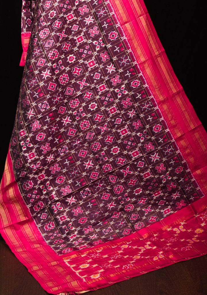 Dupatta : Purple and Pink Ikkat Patola Design Pure Silk Dupatta with handmade tassels | SILK MARK CERTIFIED