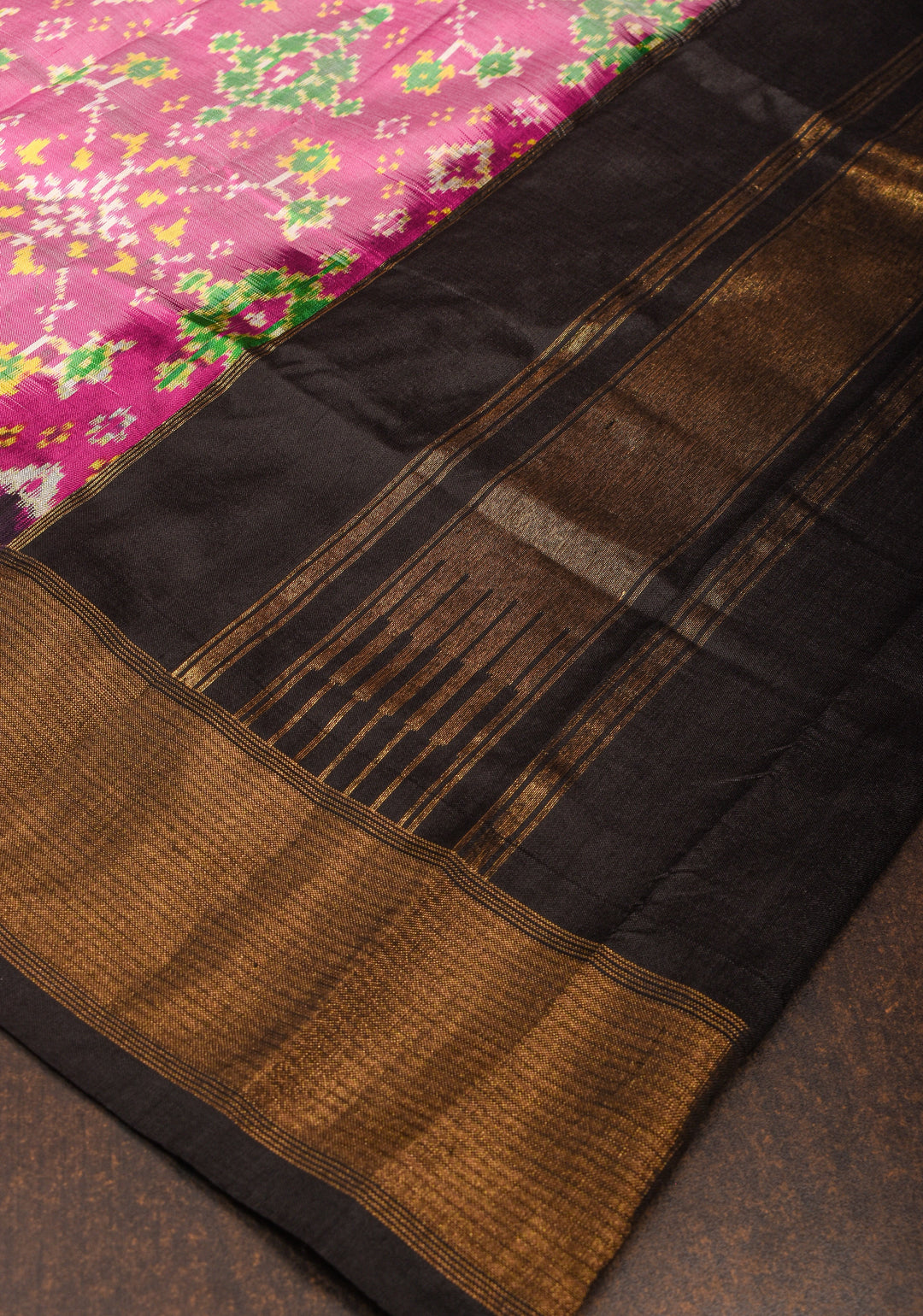 Dupatta : Pink and Black Ikkat Patola Design Pure Silk Dupatta with handmade tassels | SILK MARK CERTIFIED