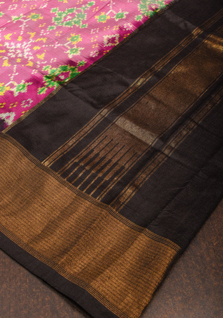 Dupatta : Pink and Black Ikkat Patola Design Pure Silk Dupatta with handmade tassels | SILK MARK CERTIFIED
