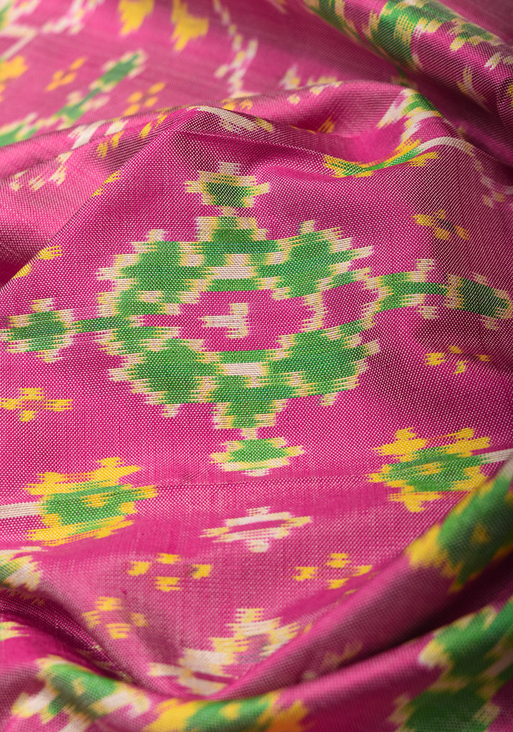 Dupatta : Pink and Black Ikkat Patola Design Pure Silk Dupatta with handmade tassels | SILK MARK CERTIFIED